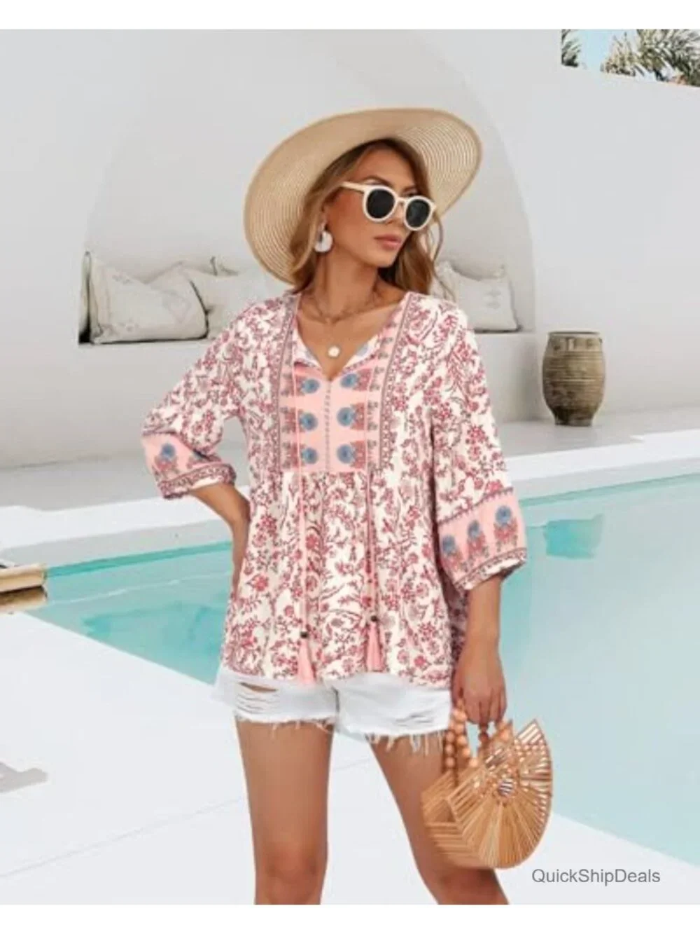 Womens Boho Babydoll Top 3/4 Sleeve Pleated Peplum Blouse V Neck Tie Front Tunic